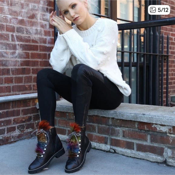 CECILIA NEW YORK Black Leather Trekker Boots with Multicolor Fur Trim - Picture 5 of 12